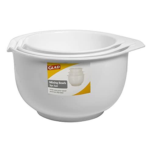 GLAD Mixing Bowls with Pour Spout, Set of 3 | Nesting Design Saves Space | Non-Slip, BPA Free, Dishwasher Safe Plastic | Kitchen Cooking and Baking Supplies, White - CookCave