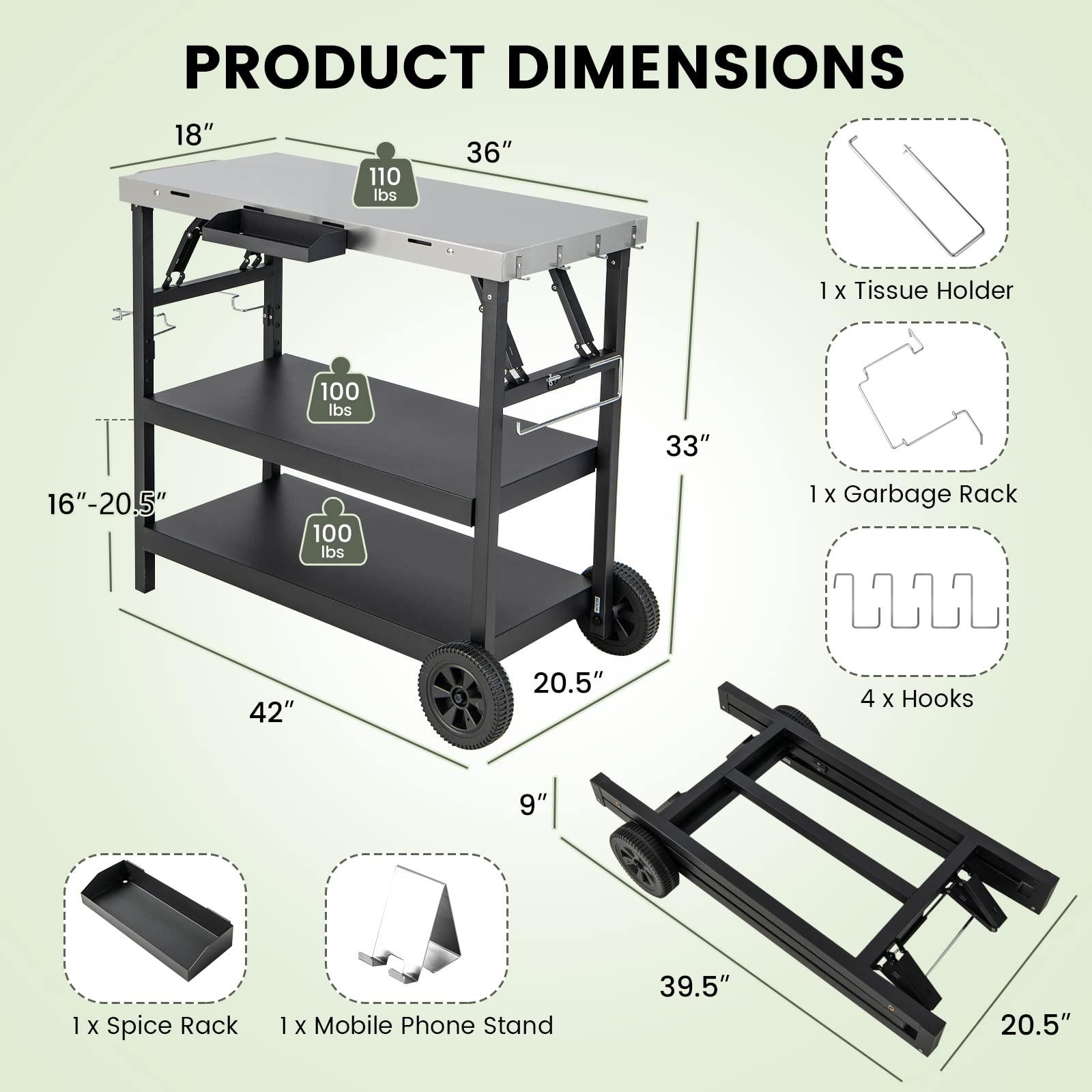 GOFLAME 3-Shelf Outdoor Grill Dining Cart, Movable Food Prep Cart Table with Adjustable Shelf, Stainless Steel Table Top, Kitchen Cart Island Table on 2 Wheels, Heavy Duty BBQ Flattop Worktable - CookCave