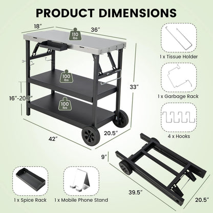 GOFLAME 3-Shelf Outdoor Grill Dining Cart, Movable Food Prep Cart Table with Adjustable Shelf, Stainless Steel Table Top, Kitchen Cart Island Table on 2 Wheels, Heavy Duty BBQ Flattop Worktable - CookCave