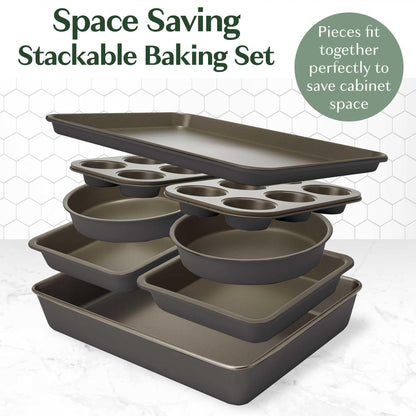 Goodful All-In-One Nonstick Bakeware Set, Stackable and Space Saving Design includes Round and Square Pans, Muffin Pans, Cookie Sheet and Roaster, Dishwasher Safe, 8-Piece, Graphite - CookCave