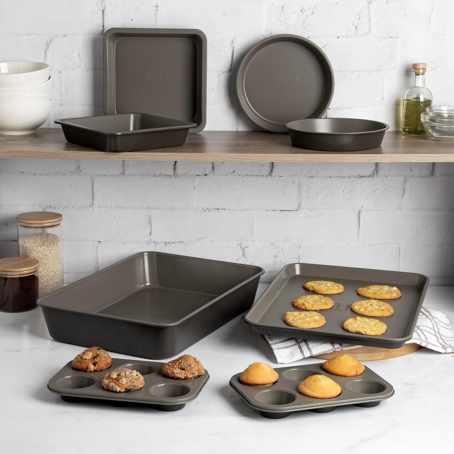 Goodful All-In-One Nonstick Bakeware Set, Stackable and Space Saving Design includes Round and Square Pans, Muffin Pans, Cookie Sheet and Roaster, Dishwasher Safe, 8-Piece, Graphite - CookCave