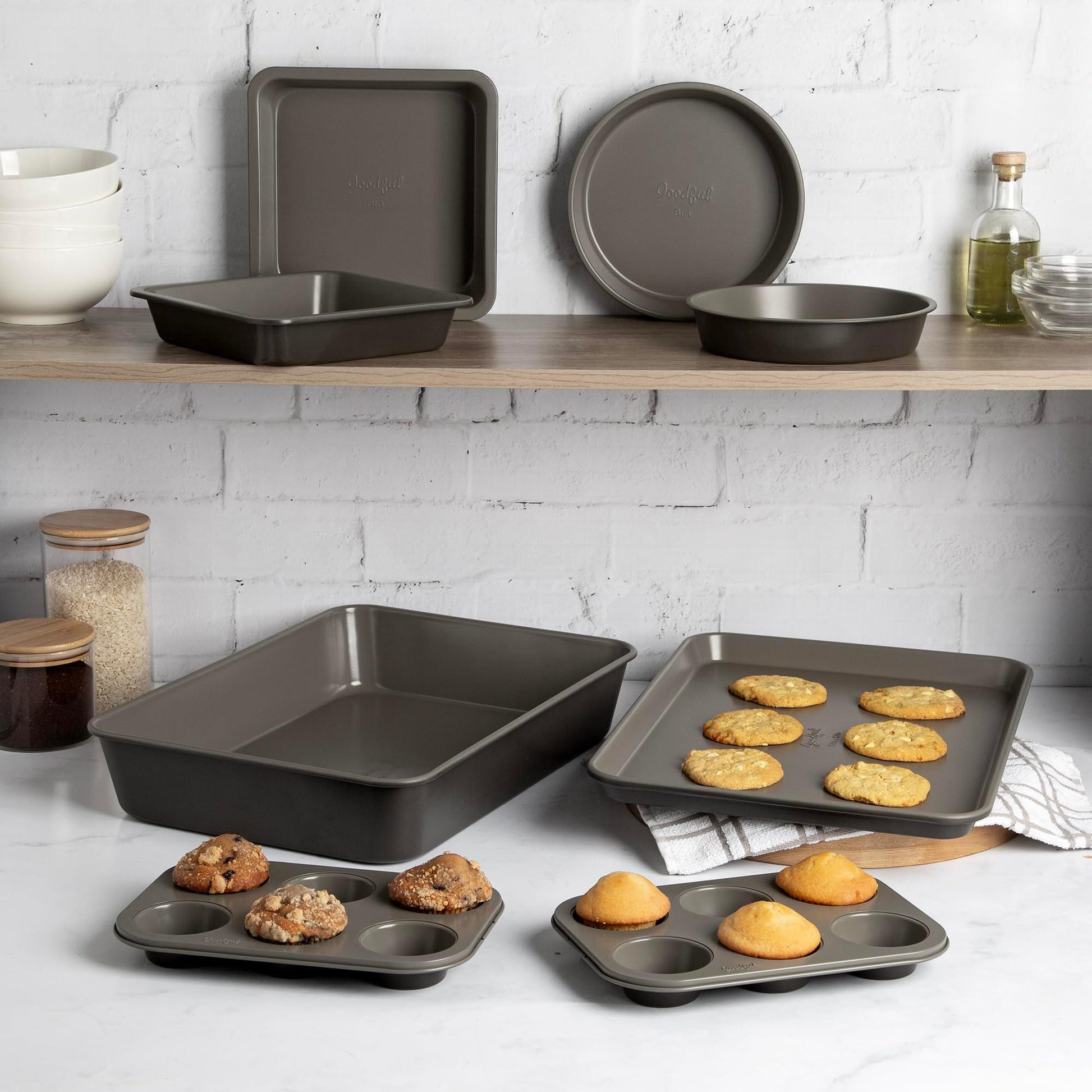 Goodful All-In-One Nonstick Bakeware Set, Stackable and Space Saving Design includes Round and Square Pans, Muffin Pans, Cookie Sheet and Roaster, Dishwasher Safe, 8-Piece, Graphite - CookCave