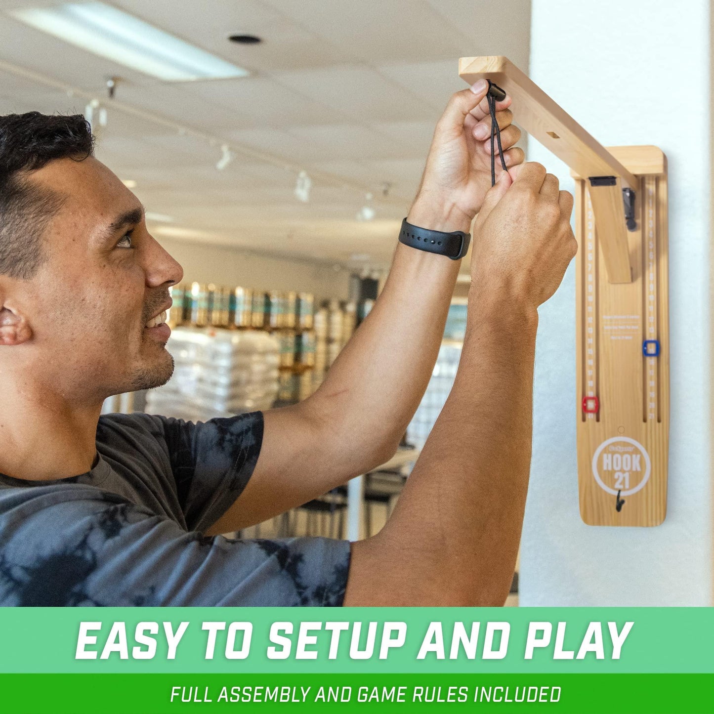 GoSports Hook 21 Wall Mount Ring Swing Game - Play Indoors or Outdoors with Foldable Arm - CookCave
