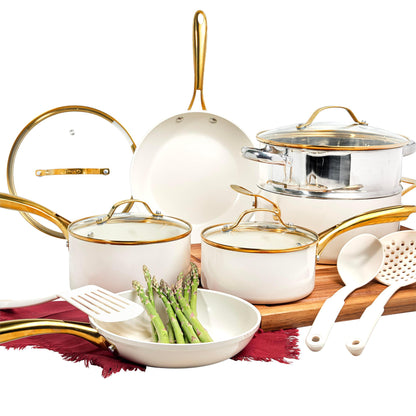 Gotham Steel 15 Pc Pots and Pans Set Non Stick Cookware Set, Pot and Pan Set, Kitchen Cookware Sets, Ceramic Cookware Set, Nonstick Cookware Set, Pot Set, Dishwasher Safe, Non Toxic, Cream White - CookCave