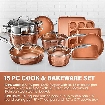 Gotham Steel Hammered 15 Pc Ceramic Pots and Pans Set Non Stick Cookware Set, Kitchen Cookware Sets, Ceramic Cookware Set with Non Toxic Cookware, Copper Pot and Pan Set, Oven & Dishwasher Safe - CookCave