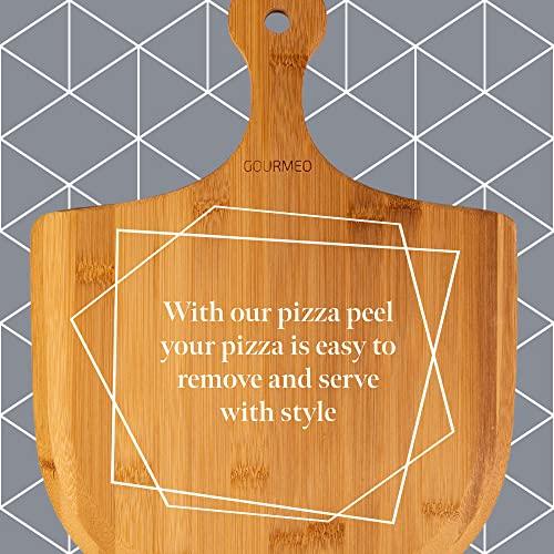 GOURMEO Pizza Stone Pan and Wooden Pizza Paddle - 15x11.8x0.6 inch - Cordiete Bread Beaking Stone w/Pizza Peel - Suitable for Oven & Grill - CookCave