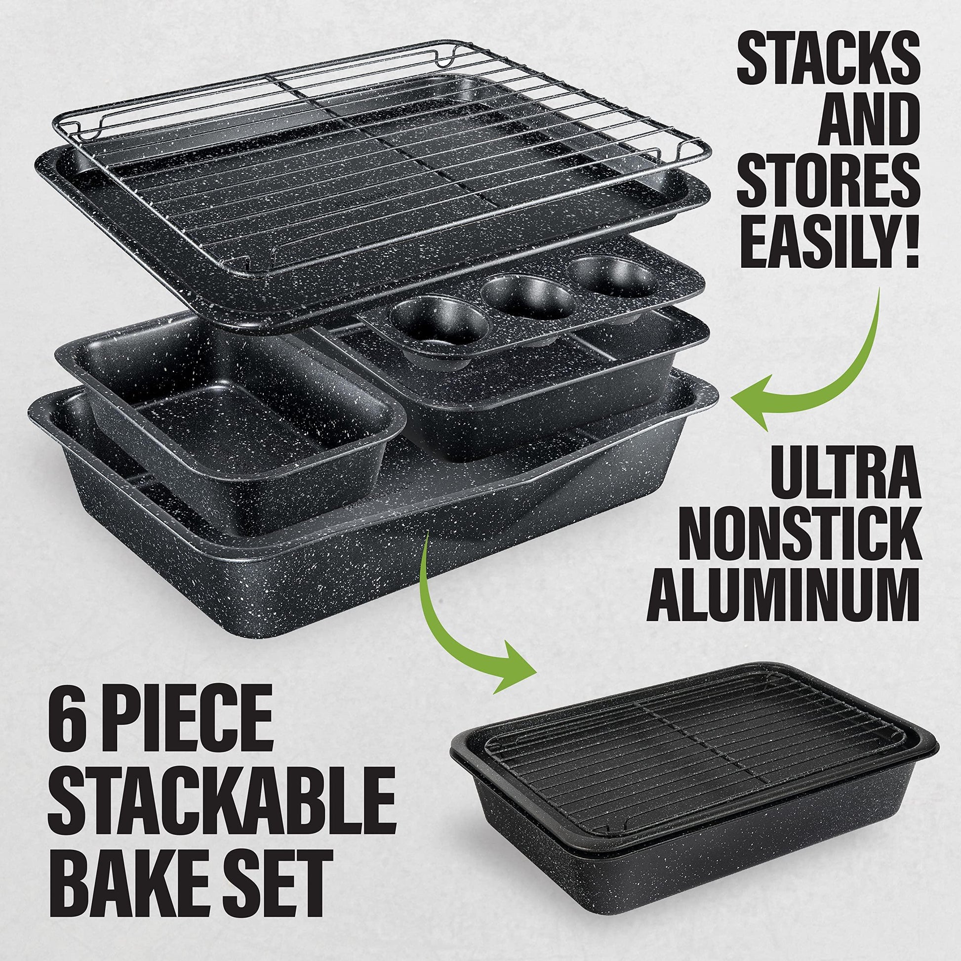 Granitestone Black 6 Pc Stackable Nonstick Bakeware Set With Oven Pans, Baking Sheet, Wire Rack - Complete Kitchen Baking Set, Oven/Dishwasher Safe, 100% Non Toxic - CookCave