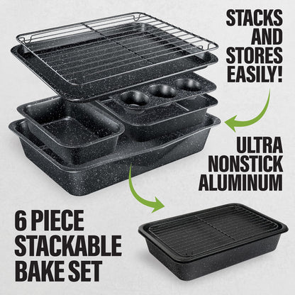 Granitestone Black 6 Pc Stackable Nonstick Bakeware Set With Oven Pans, Baking Sheet, Wire Rack - Complete Kitchen Baking Set, Oven/Dishwasher Safe, 100% Non Toxic - CookCave
