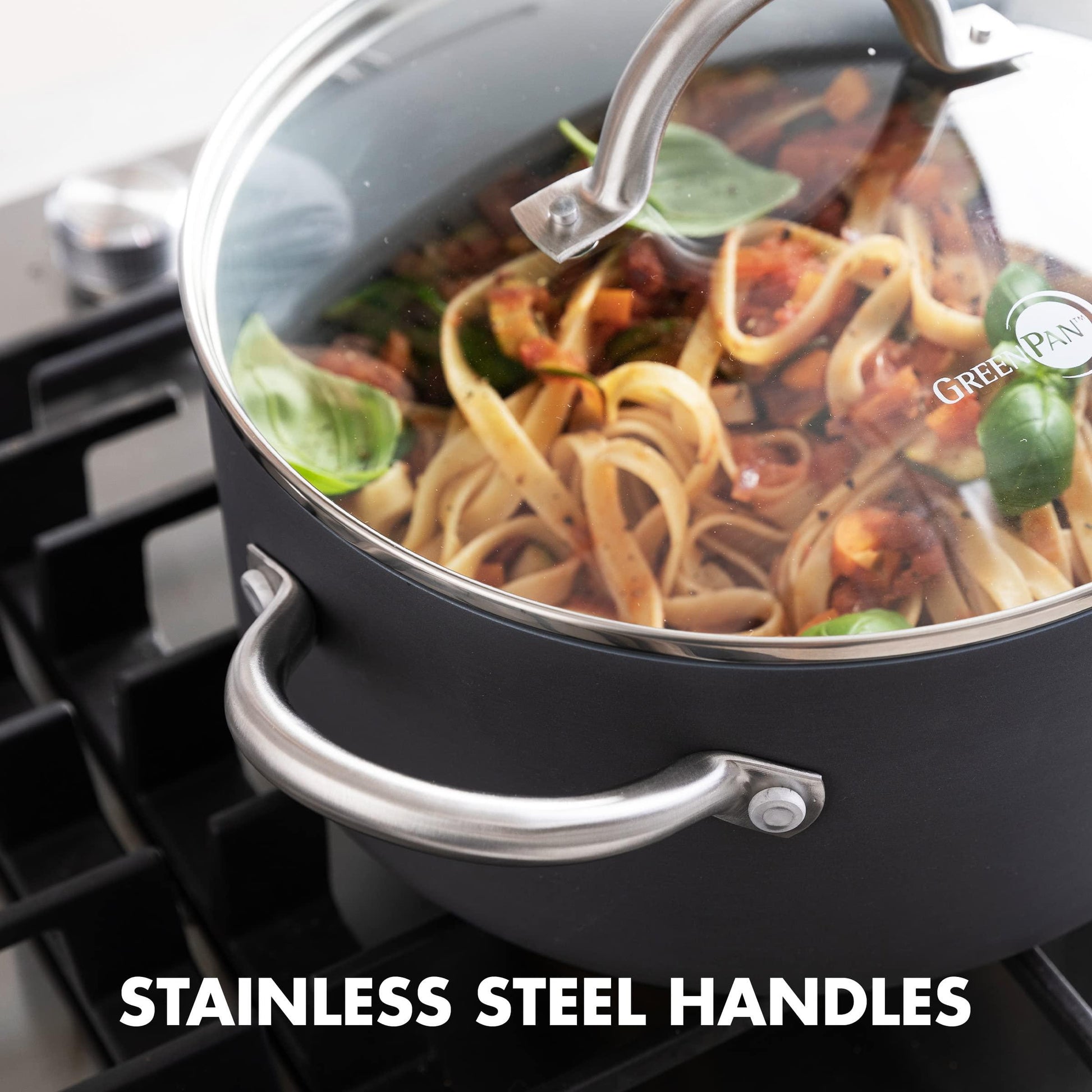 GreenPan Lima Hard Anodized Healthy Ceramic Nonstick 5QT Stock Pot with Lid, PFAS-Free, Oven Safe, Gray - CookCave