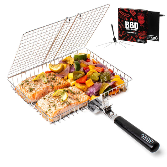 Grill Basket, Barbecue BBQ Grilling Basket , Stainless Steel Large Folding Grilling baskets With Handle, Portable Outdoor Camping BBQ Rack for Fish, Shrimp, Vegetables, Barbeque Griller Cooking Accessories - CookCave