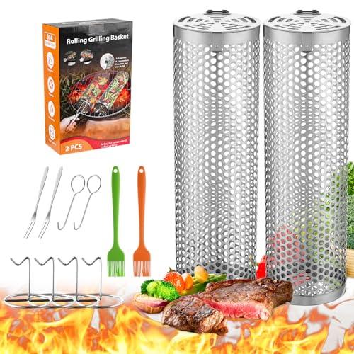 Grill Basket - Outdoor Rolling BBQ Basket - 2 Pcs Stainless Steel Grill Mesh, Rolling Grill Baskets for Outdoor Grill, Portable Grill Nets Cylinder - Camping Picnic Cookware for Meat Barbecue - CookCave