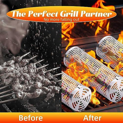 Grill Basket - Outdoor Rolling BBQ Basket - 2 Pcs Stainless Steel Grill Mesh, Rolling Grill Baskets for Outdoor Grill, Portable Grill Nets Cylinder - Camping Picnic Cookware for Meat Barbecue - CookCave