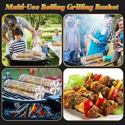 Grill Basket - Outdoor Rolling BBQ Basket - 2 Pcs Stainless Steel Grill Mesh, Rolling Grill Baskets for Outdoor Grill, Portable Grill Nets Cylinder - Camping Picnic Cookware for Meat Barbecue - CookCave