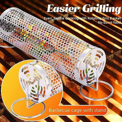 Grill Basket - Outdoor Rolling BBQ Basket - 2 Pcs Stainless Steel Grill Mesh, Rolling Grill Baskets for Outdoor Grill, Portable Grill Nets Cylinder - Camping Picnic Cookware for Meat Barbecue - CookCave