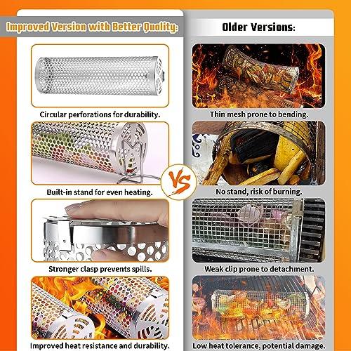 Grill Basket - Outdoor Rolling BBQ Basket - 2 Pcs Stainless Steel Grill Mesh, Rolling Grill Baskets for Outdoor Grill, Portable Grill Nets Cylinder - Camping Picnic Cookware for Meat Barbecue - CookCave