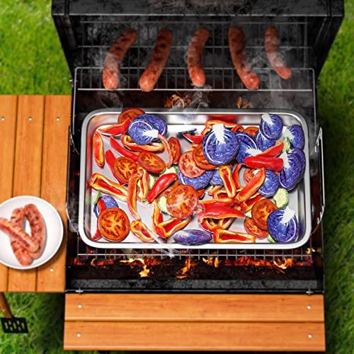 Grill Basket Set, 6-piece Stainless Steel Large Roasting Pan, 16.5" x 11" Pan with Cooling Rack, Great for Christmas Roast Chicken Meat, Grilling Gifts for Men - CookCave