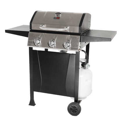 Grill Boss Outdoor Barbeque 3 Burner Propane Gas Grill for Barbecue Cooking with Top Cover Lid, Wheels, and Side Storage Shelves, Black - CookCave