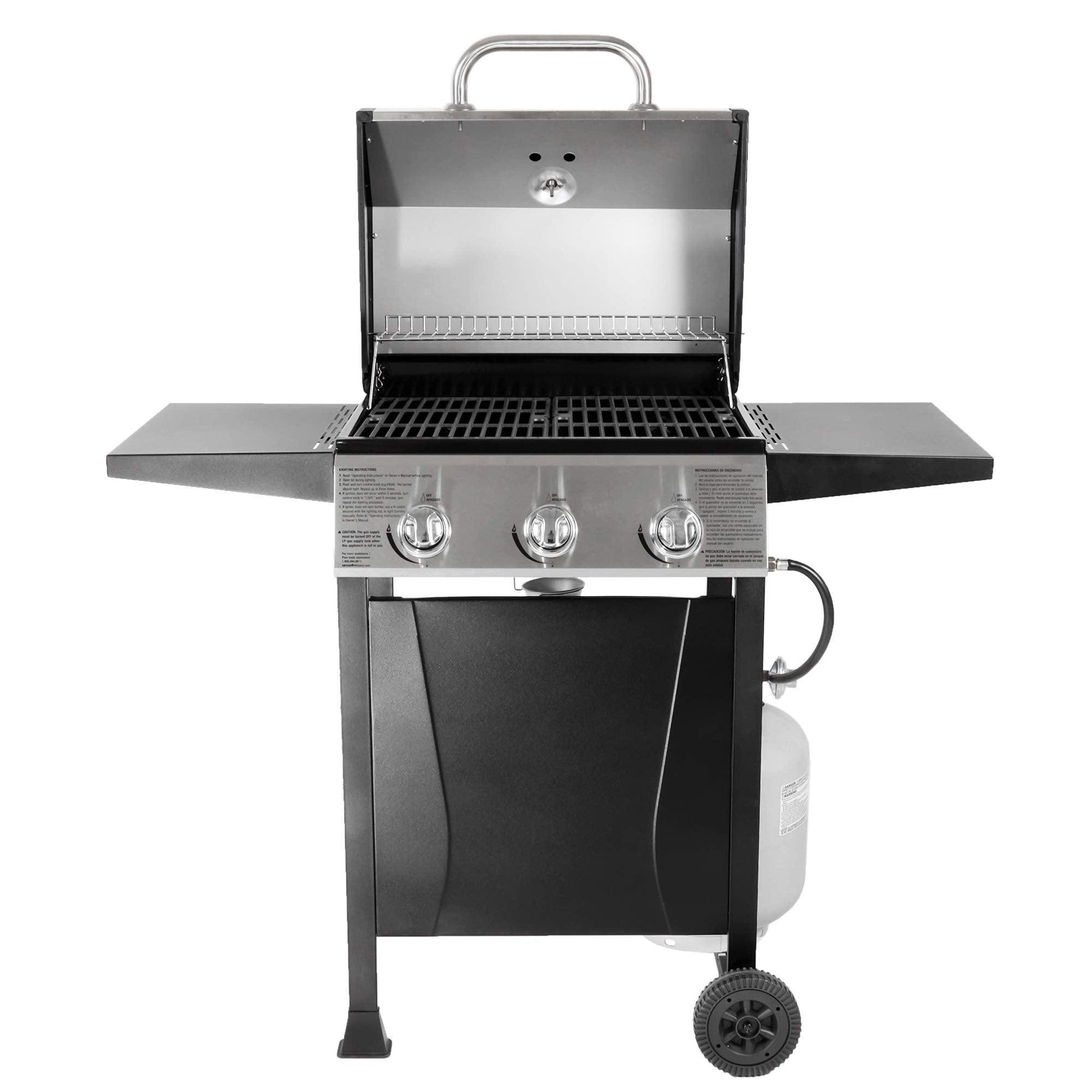 Grill Boss Outdoor Barbeque 3 Burner Propane Gas Grill for Barbecue Cooking with Top Cover Lid, Wheels, and Side Storage Shelves, Black - CookCave