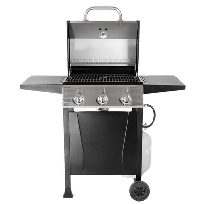 Grill Boss Outdoor Barbeque 3 Burner Propane Gas Grill for Barbecue Cooking with Top Cover Lid, Wheels, and Side Storage Shelves, Black - CookCave