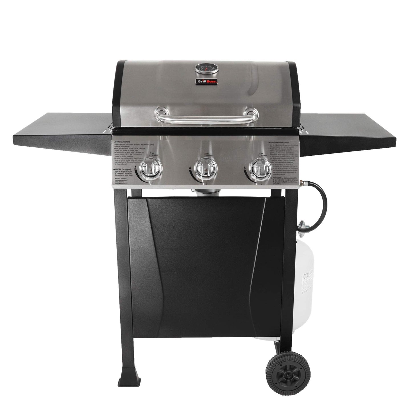 Grill Boss Outdoor Barbeque 3 Burner Propane Gas Grill for Barbecue Cooking with Top Cover Lid, Wheels, and Side Storage Shelves, Black - CookCave