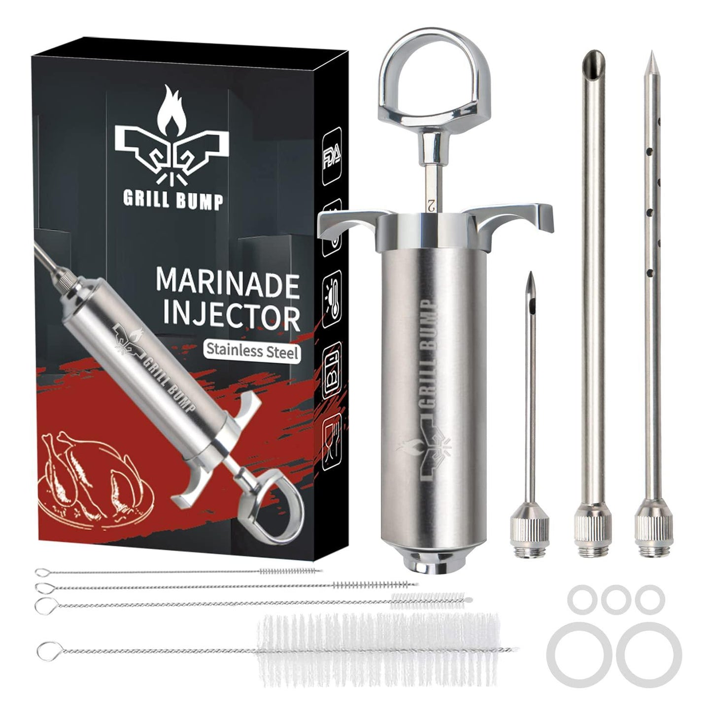 Grill Bump Meat Injector Syringe Kit with 3 Professional Marinade Injector Needles for BBQ Grill Smoker, Turkey and Brisket; 2-oz Large Capacity, Including Paper User Manual, Recipe E-Book (PDF) - CookCave