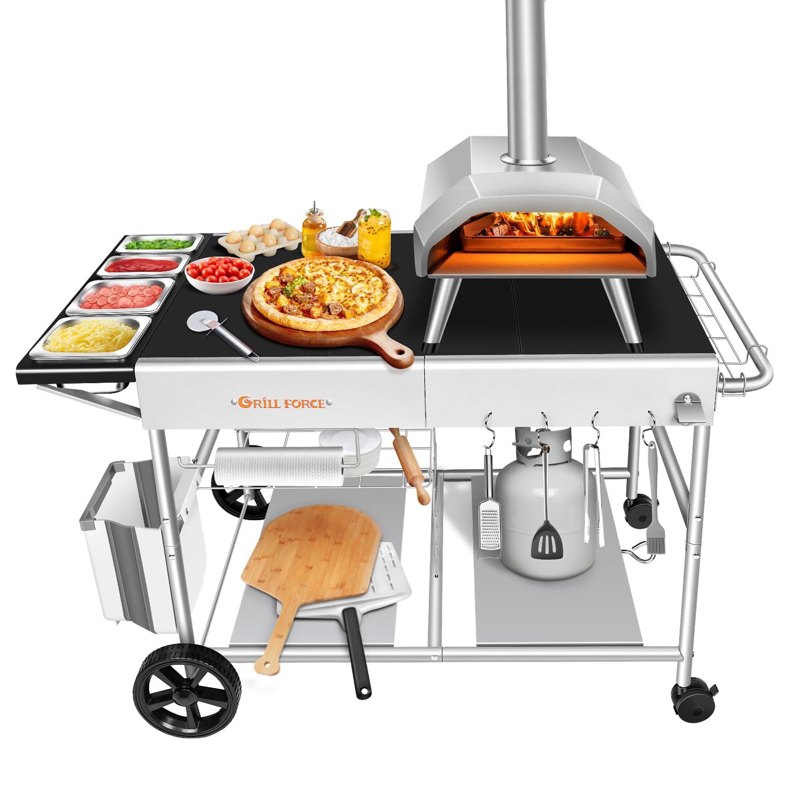 GRILL FORCE Pizza Oven Table with Pizza Topping Station,Movable Pizza Oven Stand,Pizza Oven Cart,Outdoor Grill Table Cart,Food Prep Work Cart,Fit for Ooni Karu 12,Karu 16,Koda 12,Koda 16,Fyra 12 - CookCave