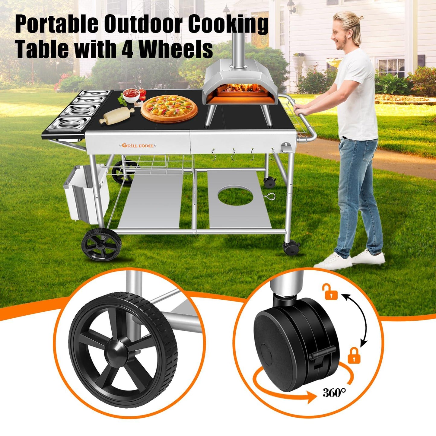 GRILL FORCE Pizza Oven Table with Pizza Topping Station,Movable Pizza Oven Stand,Pizza Oven Cart,Outdoor Grill Table Cart,Food Prep Work Cart,Fit for Ooni Karu 12,Karu 16,Koda 12,Koda 16,Fyra 12 - CookCave