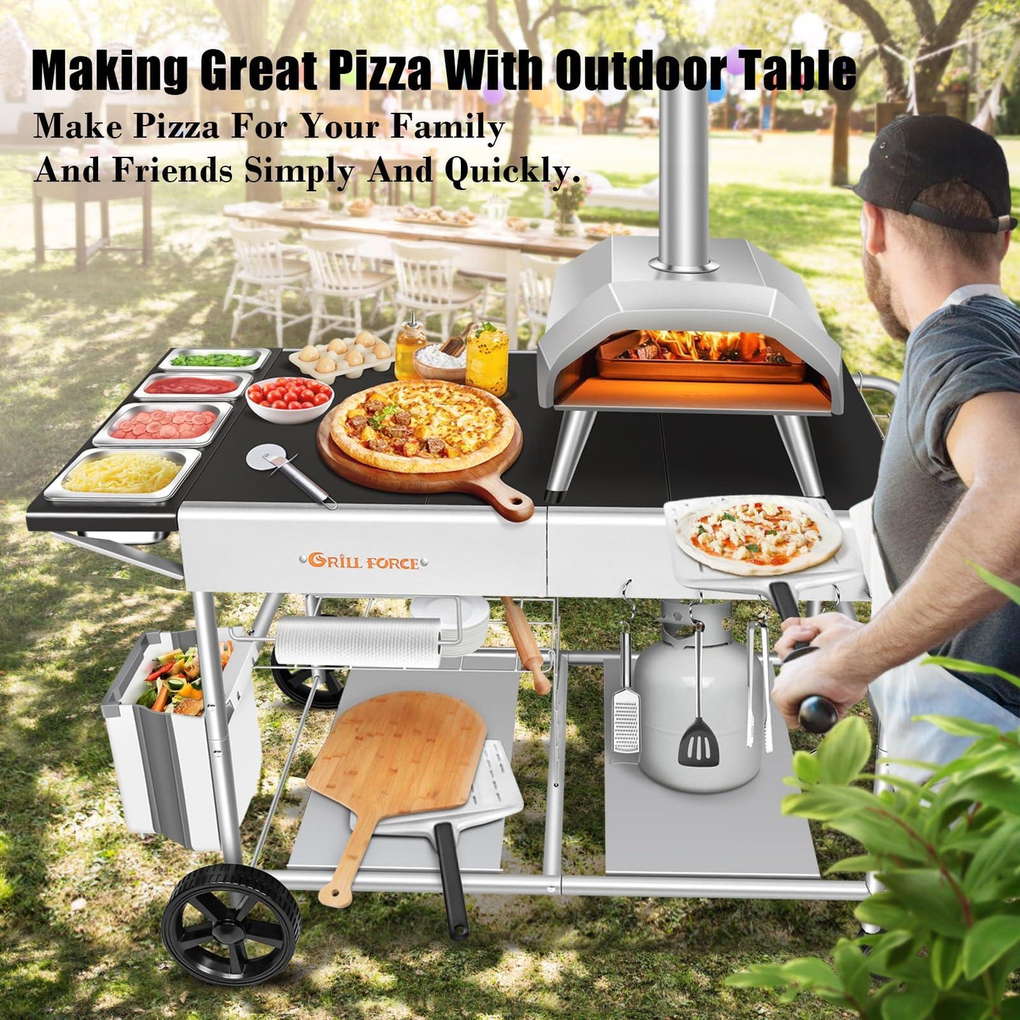 GRILL FORCE Pizza Oven Table with Pizza Topping Station,Movable Pizza Oven Stand,Pizza Oven Cart,Outdoor Grill Table Cart,Food Prep Work Cart,Fit for Ooni Karu 12,Karu 16,Koda 12,Koda 16,Fyra 12 - CookCave