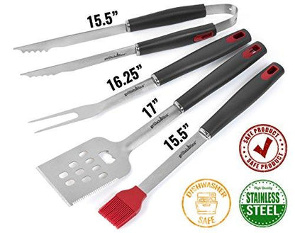Grillaholics BBQ Grill Tools Set - 4-Piece Heavy Duty Stainless Steel Barbecue Grilling Utensils - Premium Grill Accessories for Barbecue - Spatula, Tongs, Fork, and Basting Brush (Grey) - CookCave