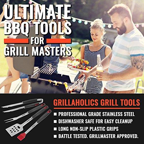 Grillaholics BBQ Grill Tools Set - 4-Piece Heavy Duty Stainless Steel Barbecue Grilling Utensils - Premium Grill Accessories for Barbecue - Spatula, Tongs, Fork, and Basting Brush (Grey) - CookCave