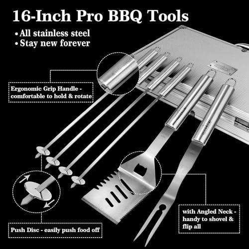 GRILLART BBQ Grill Utensil Tools Set Reinforced BBQ Tongs 19-Piece Stainless-Steel Barbecue Grilling Accessories with Aluminum Storage Case -Complete Outdoor Grill Kit for Dad, Birthday Gift for Man - CookCave