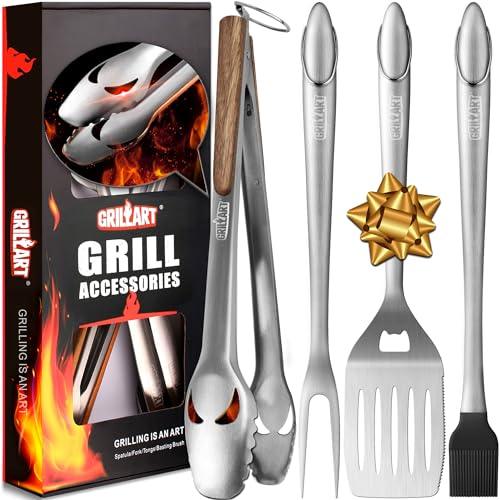 GRILLART BBQ Tools Grill Tools Set - 18Inch Grilling Tools BBQ Set - Grill Accessories w/BBQ Tongs, Spatula, Fork, Brush - Stainless Grill Kit Grilling Set - Gift Ideas BBQ Accessories, Gifts for Men - CookCave