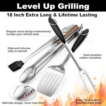 GRILLART BBQ Tools Grill Tools Set - 18Inch Grilling Tools BBQ Set - Grill Accessories w/BBQ Tongs, Spatula, Fork, Brush - Stainless Grill Kit Grilling Set - Gift Ideas BBQ Accessories, Gifts for Men - CookCave