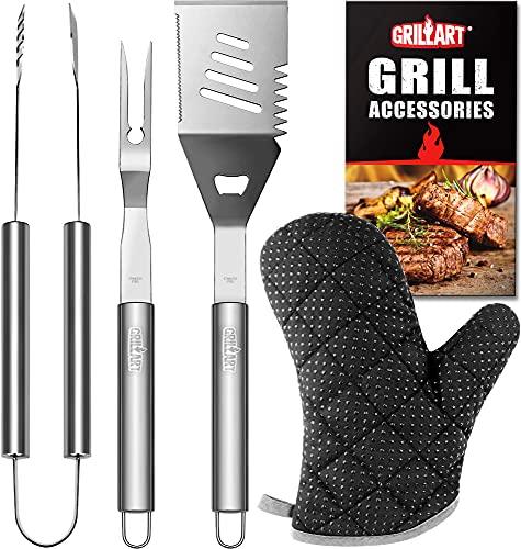 GRILLART Grill Tools Grill Utensils Set - 3PCS BBQ Tools, Stainless Barbeque Grill Accessories - Spatula/Tongs/Fork, with Insulated Glove, Ideal BBQ Set Grilling Tools for Outdoor Grill, Gifts for Men - CookCave