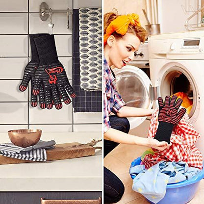 Grilling Gloves 1472℉ Extreme Heat Resistant, 14 Inch Grill BBQ Gloves for Men, Silicone Non-Slip Kitchen Oven Mitts, Hot Cooking Oven Gloves for Grilling, Frying, Baking, Welding, Fireplace - CookCave