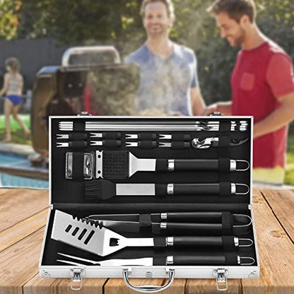 Grilljoy 20PCS BBQ Grill Tools Set - Extra Thick Stainless Steel Fork, Spatula, Tongs& Cleaning Brush - Complete Barbecue Grilling Utensils Set in Aluminum Storage Case - Perfect Grill Gifts for Men - CookCave