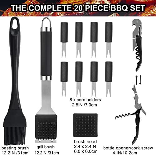 Grilljoy 20PCS BBQ Grill Tools Set - Extra Thick Stainless Steel Fork, Spatula, Tongs& Cleaning Brush - Complete Barbecue Grilling Utensils Set in Aluminum Storage Case - Perfect Grill Gifts for Men - CookCave