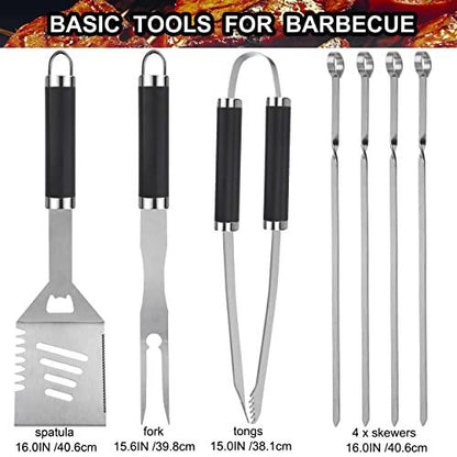 Grilljoy 20PCS BBQ Grill Tools Set - Extra Thick Stainless Steel Fork, Spatula, Tongs& Cleaning Brush - Complete Barbecue Grilling Utensils Set in Aluminum Storage Case - Perfect Grill Gifts for Men - CookCave