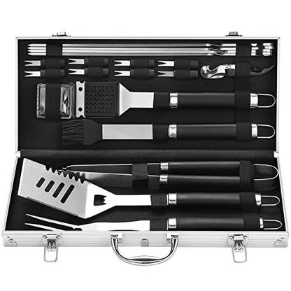 Grilljoy 20PCS BBQ Grill Tools Set - Extra Thick Stainless Steel Fork, Spatula, Tongs& Cleaning Brush - Complete Barbecue Grilling Utensils Set in Aluminum Storage Case - Perfect Grill Gifts for Men - CookCave