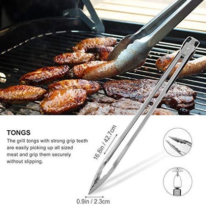 grilljoy 8PCS Heavy Duty BBQ Grill Tools Set with Extra Thick Stainless Steel Spatula, Fork, Tongs & Cleaning Brush - Complete Barbecue Accessories Kit with Portable Bag - Perfect Grill Gifts for Men - CookCave