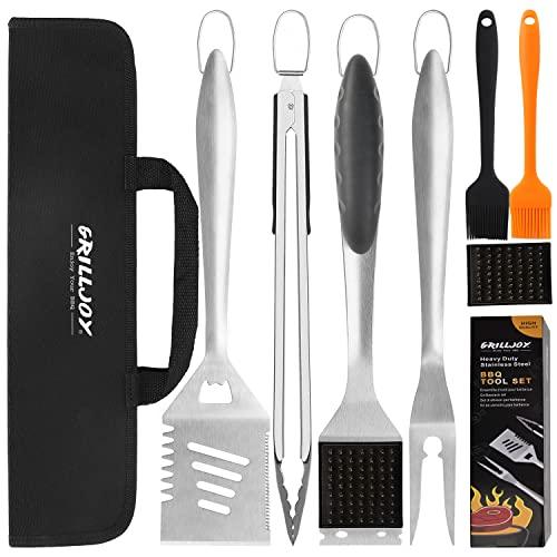 grilljoy 8PCS Heavy Duty BBQ Grill Tools Set with Extra Thick Stainless Steel Spatula, Fork, Tongs & Cleaning Brush - Complete Barbecue Accessories Kit with Portable Bag - Perfect Grill Gifts for Men - CookCave