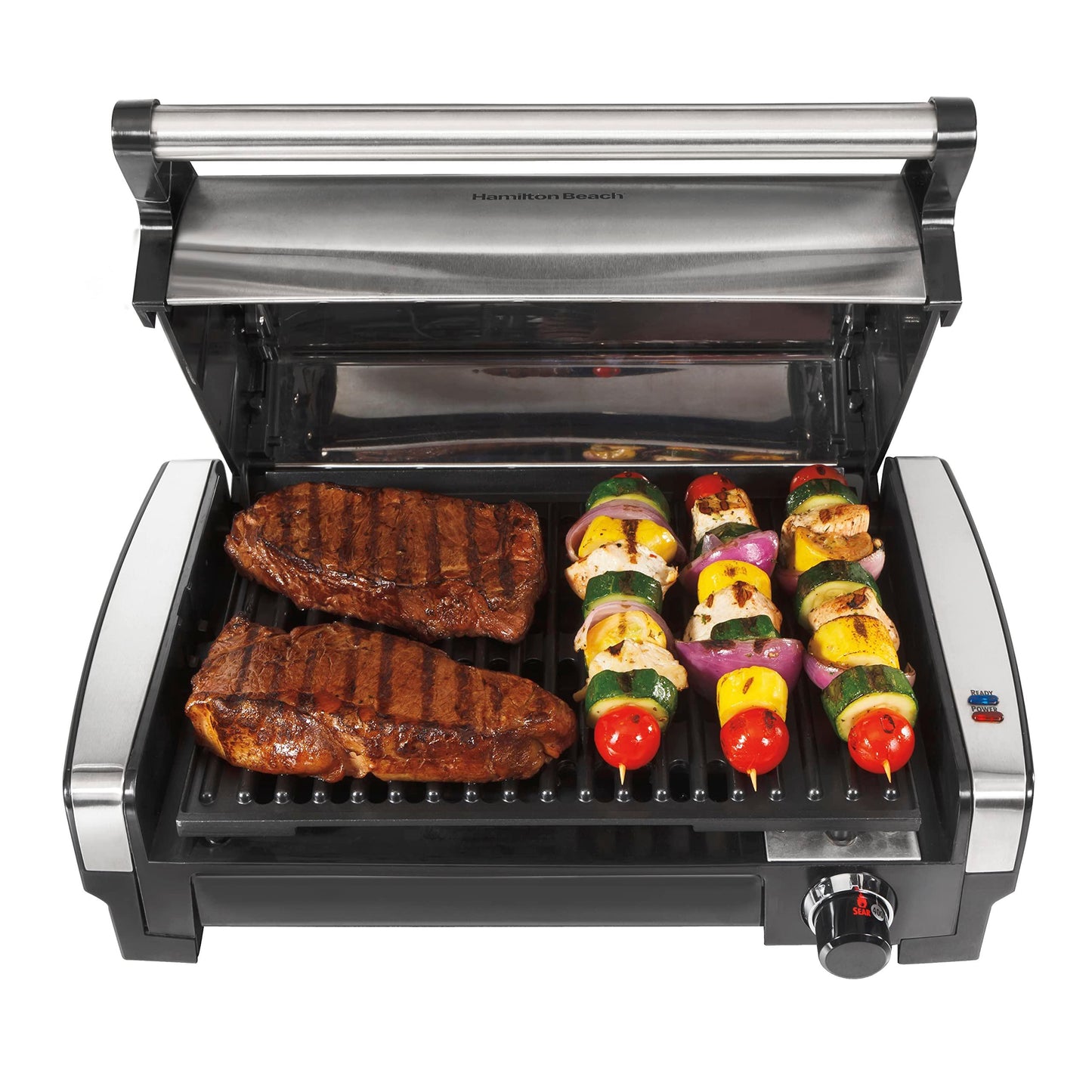 Hamilton Beach Electric Indoor Searing Grill with Adjustable Temperature Control to 450F, Removable Nonstick Grate, 118 sq. in. Surface Serves 6, Stainless Steel - CookCave