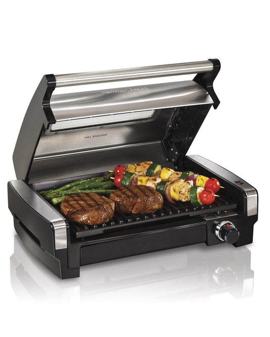 Hamilton Beach Electric Indoor Searing Grill with Viewing Window & Adjustable Temperature Control to 450F, 118 sq. in. Surface Serves 6, Removable Nonstick Grate, Stainless Steel - CookCave