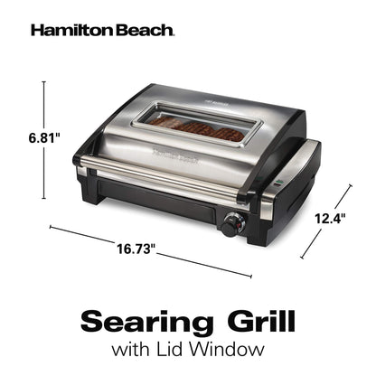 Hamilton Beach Electric Indoor Searing Grill with Viewing Window & Adjustable Temperature Control to 450F, 118 sq. in. Surface Serves 6, Removable Nonstick Grate, Stainless Steel - CookCave