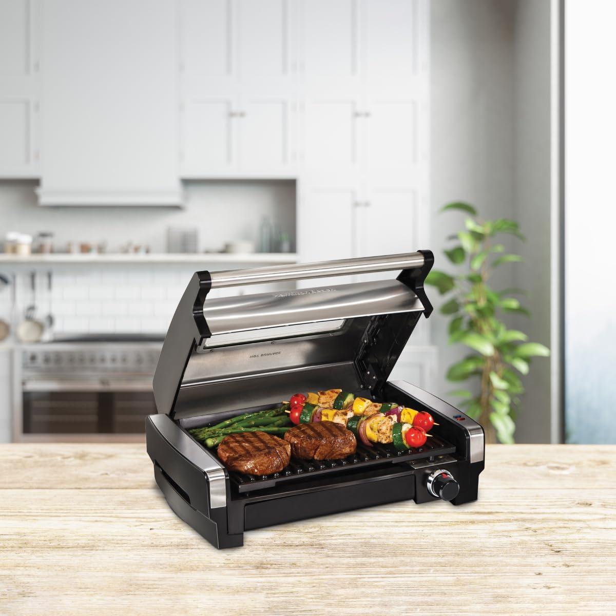 Hamilton Beach Electric Indoor Searing Grill with Viewing Window & Adjustable Temperature Control to 450F, 118 sq. in. Surface Serves 6, Removable Nonstick Grate, Stainless Steel - CookCave