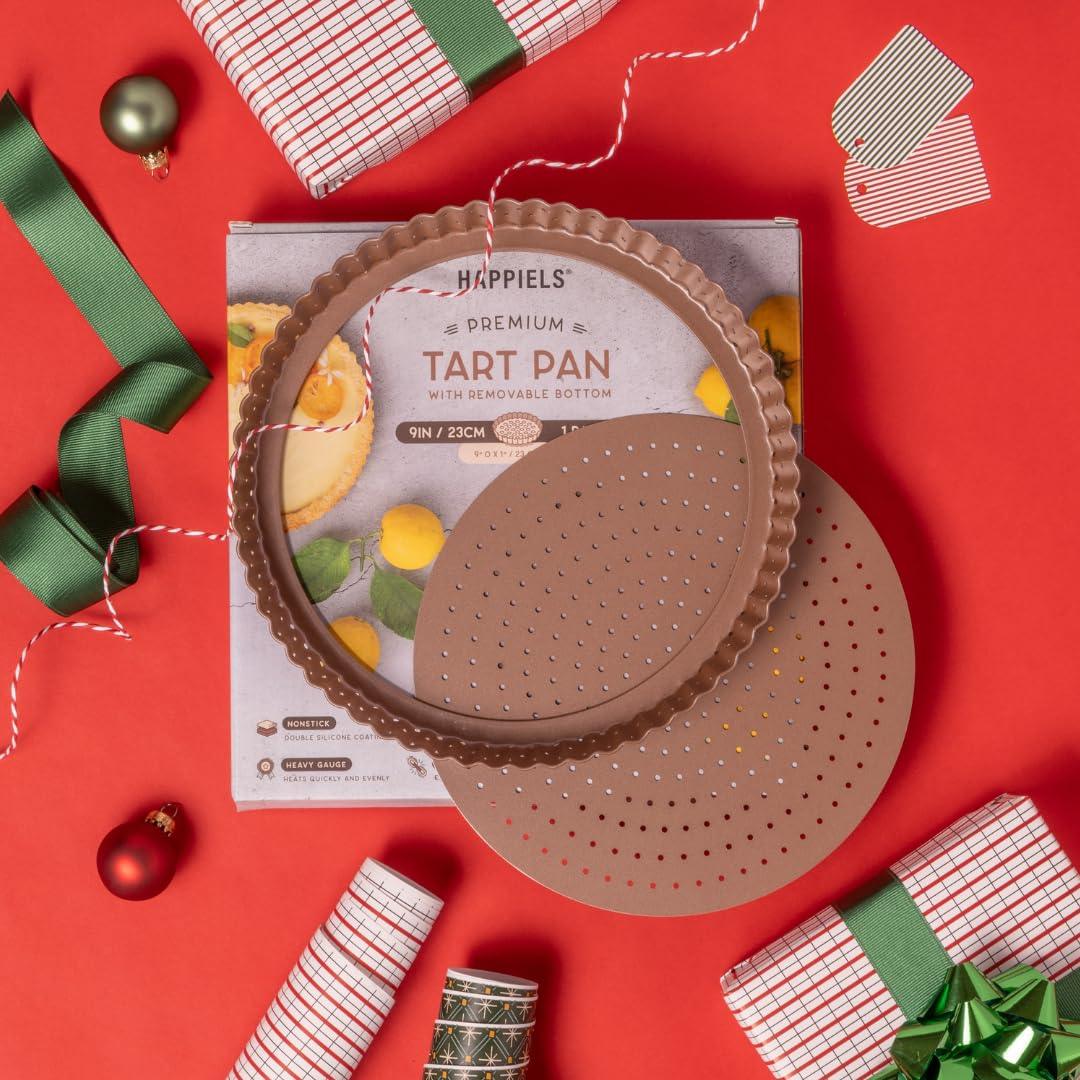 HAPPIELS Non-Toxic Nonstick 9-inch Tart Pan with Removable Bottom Perforated | Round Gold Quiche Pan - CookCave