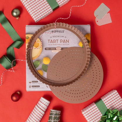 HAPPIELS Non-Toxic Nonstick 9-inch Tart Pan with Removable Bottom Perforated | Round Gold Quiche Pan - CookCave