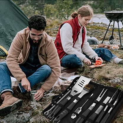 HAUSHOF Large Grilling Accessories, BBQ Grill Set, Heavy Duty Stainless Steel Barbecue Utensils with 16-1/2" Spatula, Brush, Fork, Tongs, Skewers, Thermometer, Bag, Ideal Gift, 15PCS - CookCave
