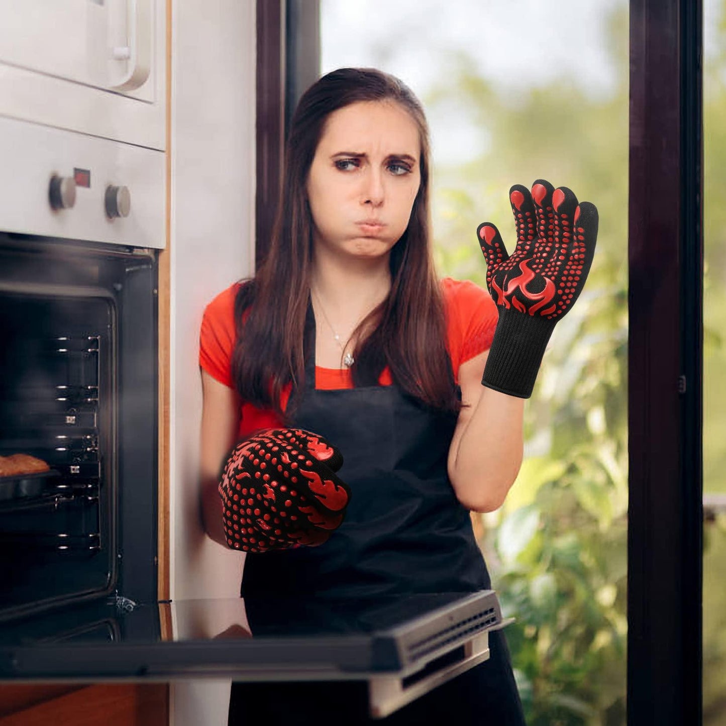 HexinYigjly 1 Pair/2 Pieces BBQ Gloves, Grilling Gloves, Heat Resistant Barbecue Oven Gloves, 1472°F/800°C Kitchen Fireproof Mitts Heat Proof for Grilling, Baking, Cooking, Welding Gloves Mitts - Red - CookCave