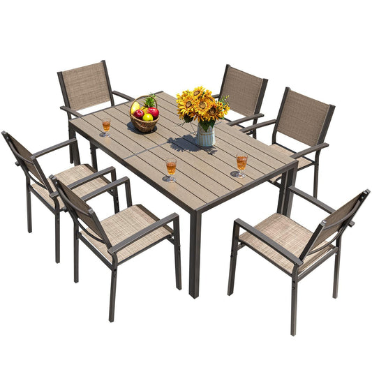 Homall 7 Pieces Patio Dining Set Outdoor Furniture with 6 Stackable Textilene Chairs and Large Table for Yard, Garden, Porch and Poolside (Beige) - CookCave